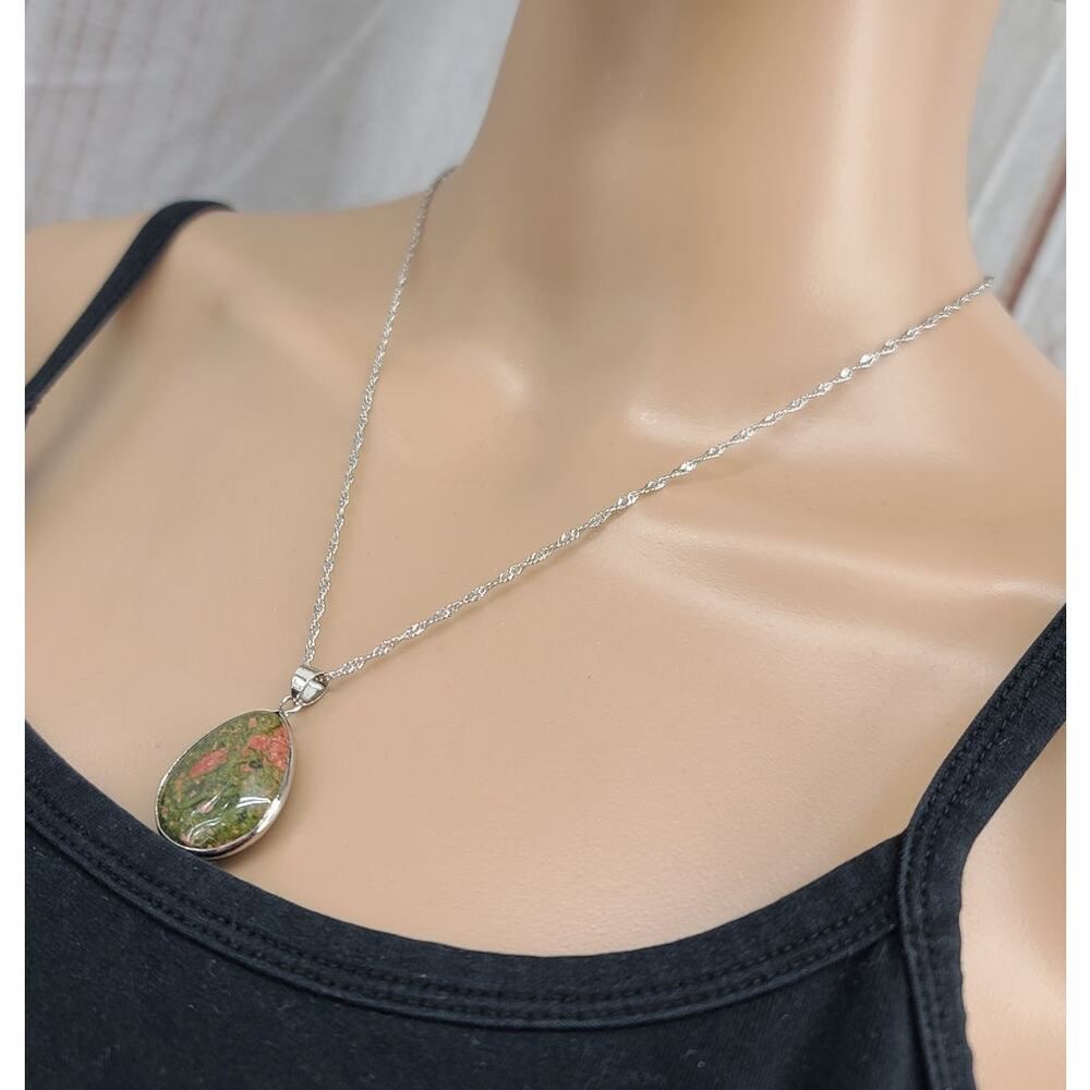 Unakite Jasper Gemstone Pendant Sterling Silver Serpentine Necklace Chain Adjust